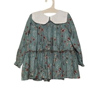 Manuela Montero Girl Button Floral Tiered Blue Dress Collar Cottagecore 2T